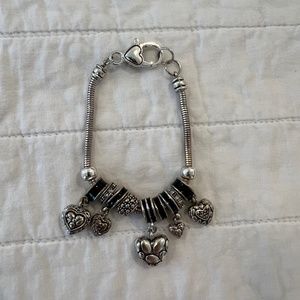 Brighton Silver Tone and Black Heart Charm Bracelet--Size 8"